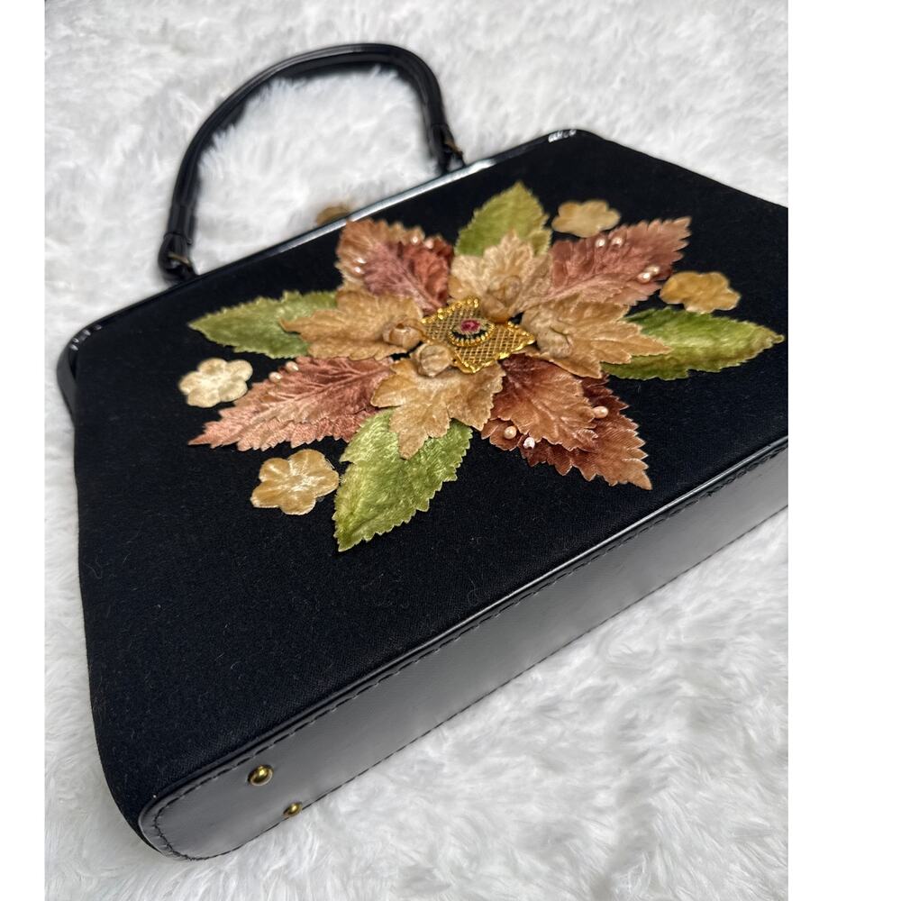 50's Caron of Houston hand decorated floral appliqué purse top handle kiss lock - Picture 3 of 12